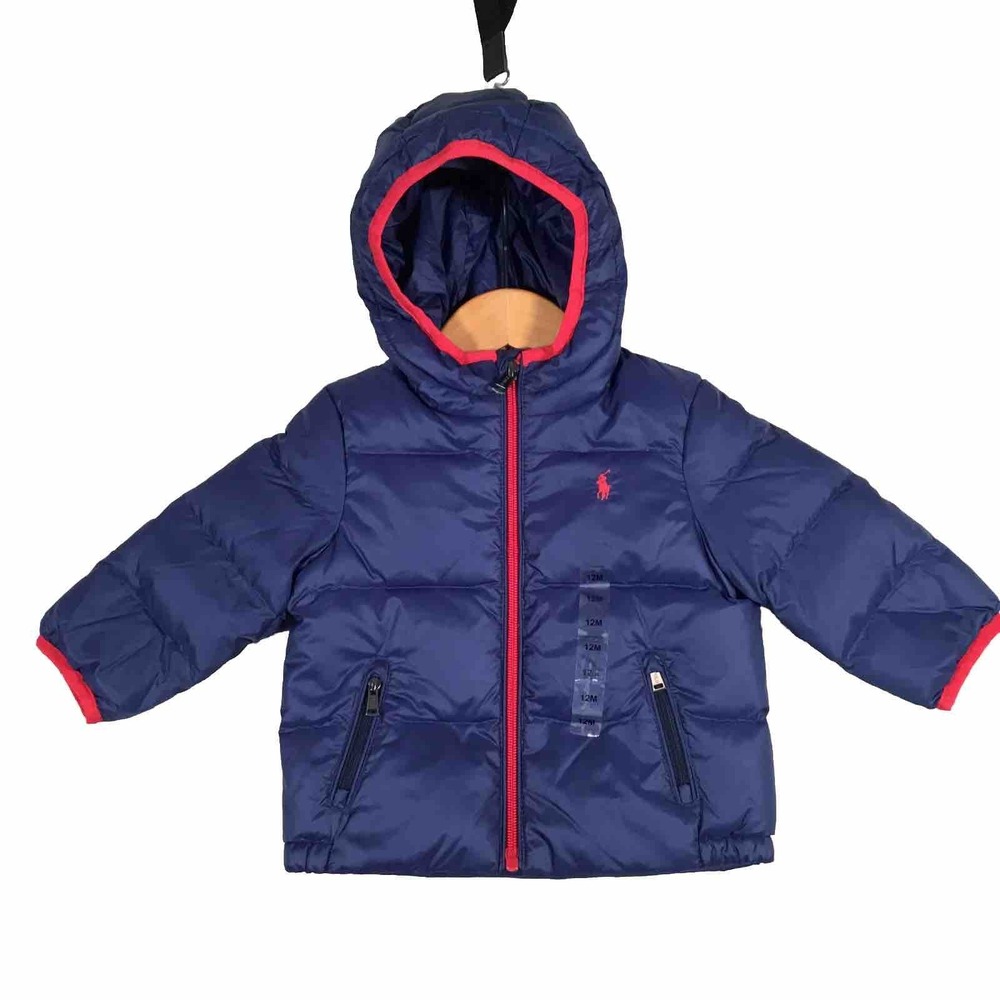 New Ralph Lauren Puffer Down Hoodie Jacket Kid 12 Months Blue/Red Packable Bag